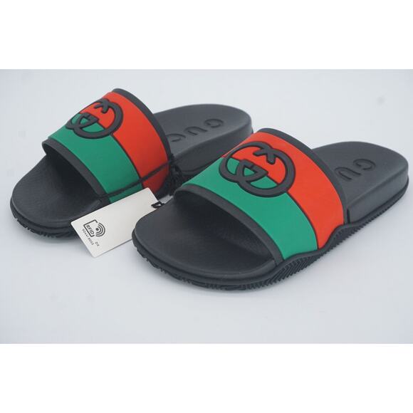 Gucci Agrado GG Logo Rubber Slide MuleSandals Size 35 G New $450 Red Green Black - Picture 9 of 12